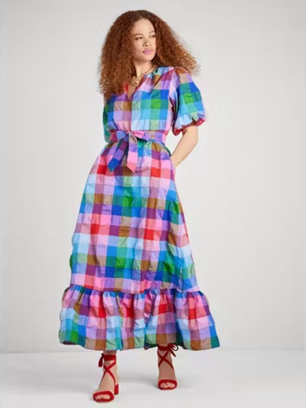 Kate Spade New York multicolor madras plaid two-piece set featuring a tiered max - Picture 3 of 3